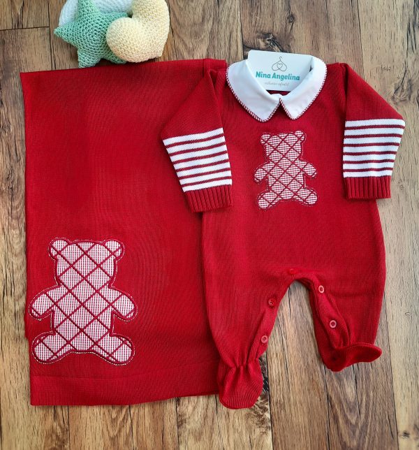 Saída de maternidade em tricot Ursinho Xadrez