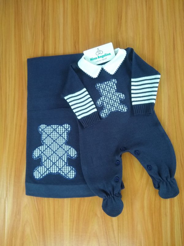 Saída de maternidade em tricot Ursinho Xadrez