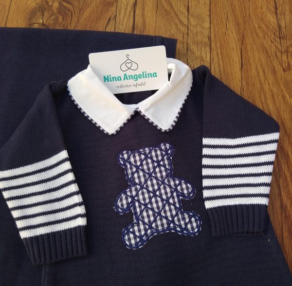 Saída de maternidade em tricot Ursinho Xadrez