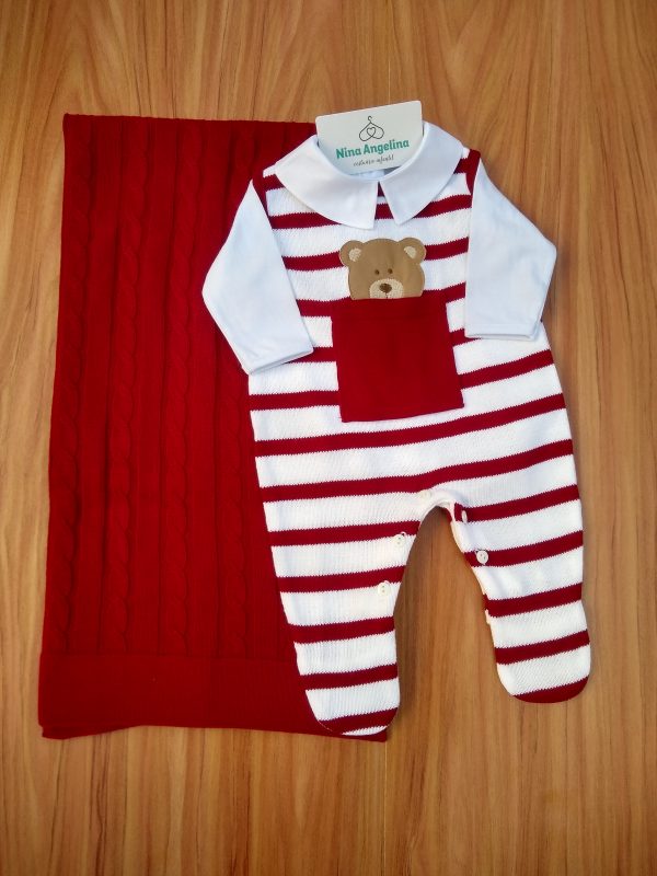 Saída de maternidade em tricot Salopete Ursinho Bolso
