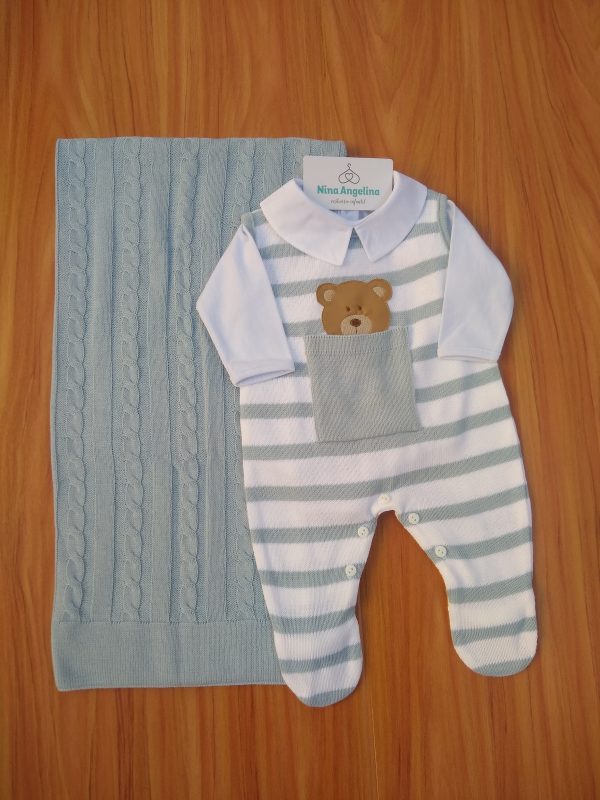 Saída de maternidade em tricot Salopete Ursinho Bolso