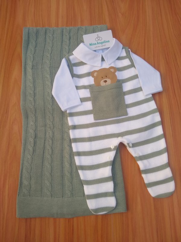 Saída de maternidade em tricot Salopete Ursinho Bolso