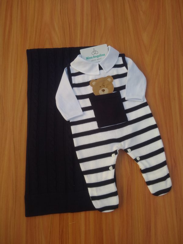 Saída de maternidade em tricot Salopete Ursinho Bolso