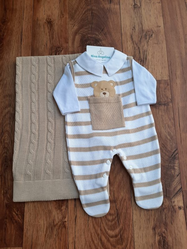 Saída de maternidade em tricot Salopete Ursinho Bolso