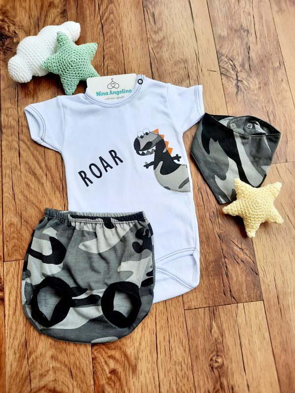 Conjunto Body, Shorts e Babador Dino