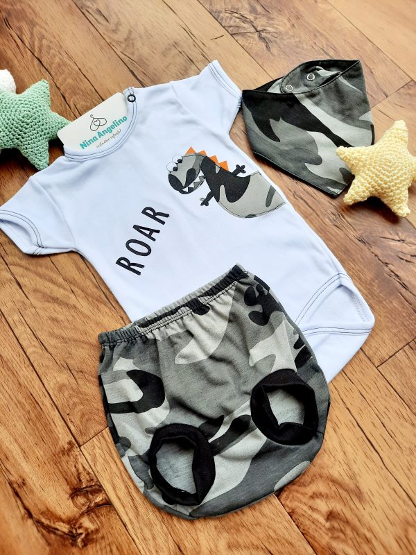 Conjunto Body, Shorts e Babador Dino