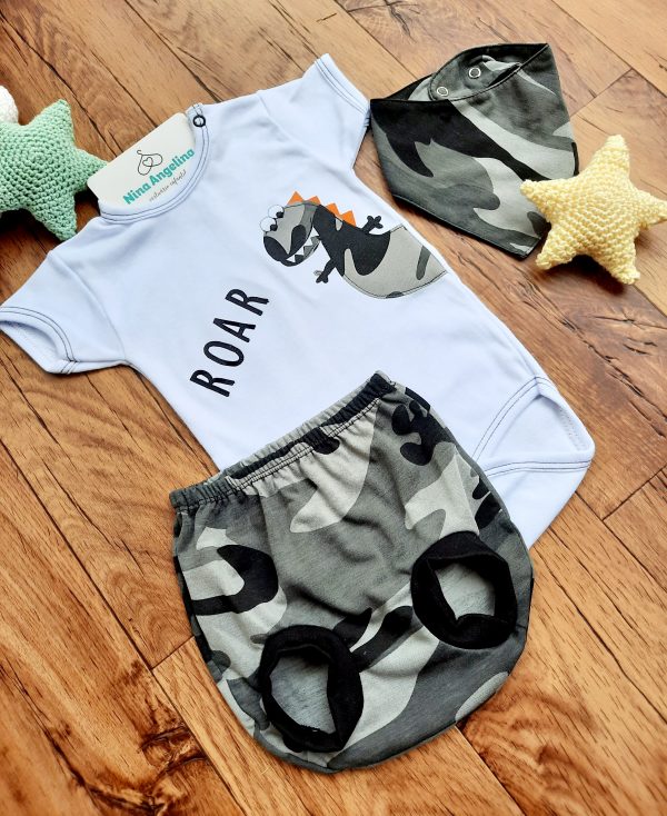 Conjunto Body, Shorts e Babador Dino